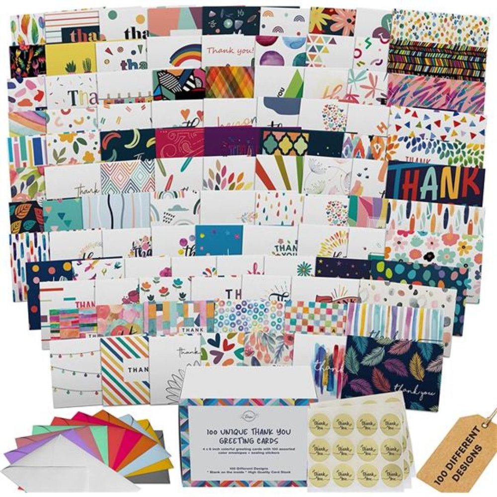 100 Unique Thank You Cards Bulk - Blank Note Cards with 100 Different, Colorful